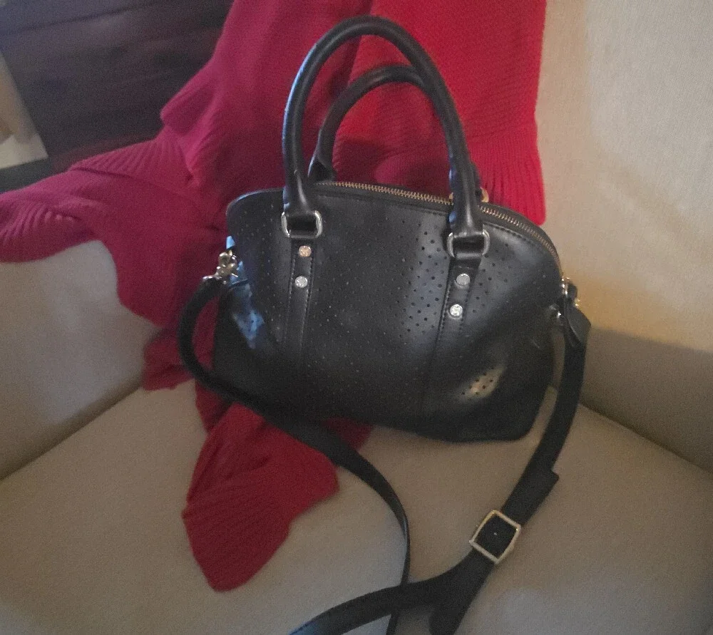 Emma Fox Black Perforated Satchel with Gold Hardware